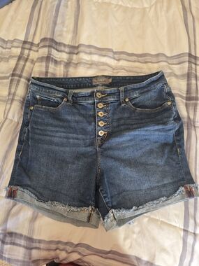 torrid Blue Button-Front Denim Shorts with Frayed Hem